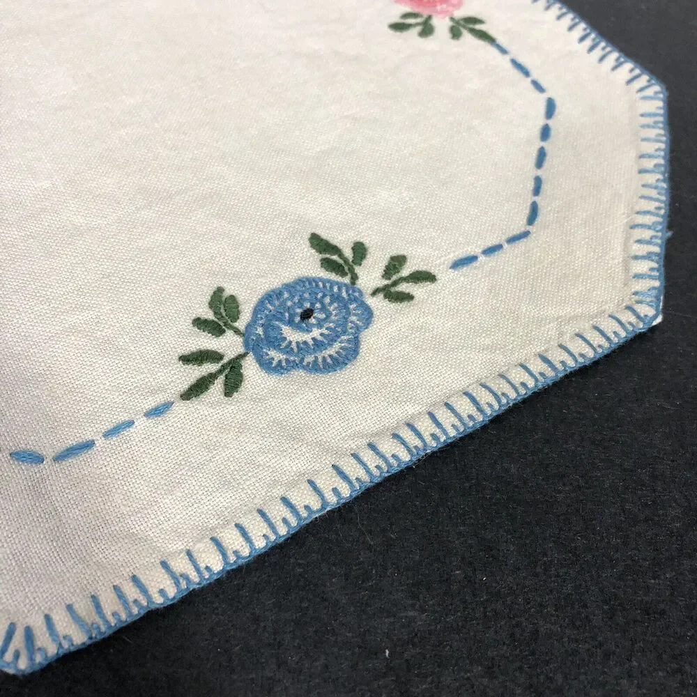 Vintage Small Table Topper Linens Blue and Pink Flowers Needlepoint Handmade 3pc